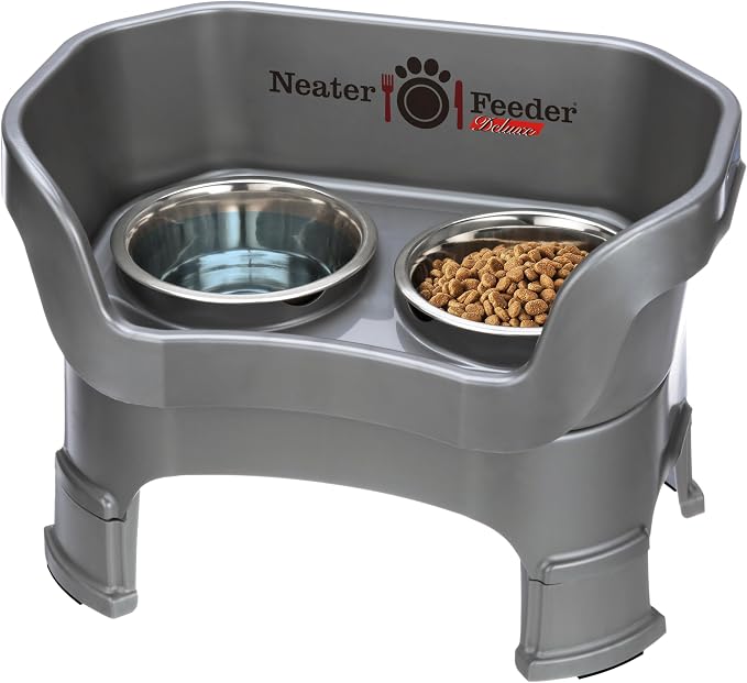 Neater Feeder Deluxe Mess-Proof Elevated Dog Bowls for Medium Dogs (19–40 lbs), 2 Height Adjustable (10” & 12.5”) No-Spill Raised Dog Bowl Stand, Stainless Steel Food Bowl Set, Made in USA, Gunmetal by NeaterPetBrands