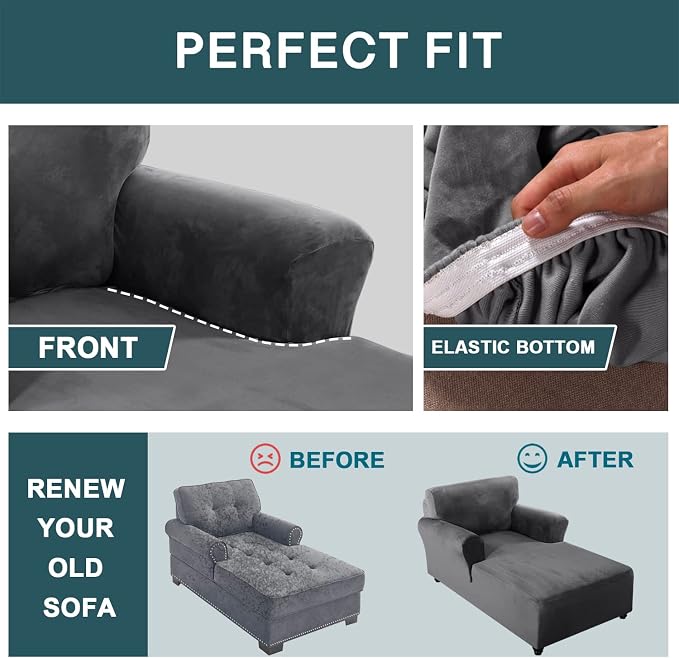 FantasDecor Velvet Chaise Lounge Cover Stretch Double Arm Chair Slipcover for Living Room Bedroom Soft Plush Fabric Machine Washable, Grey - Image 6