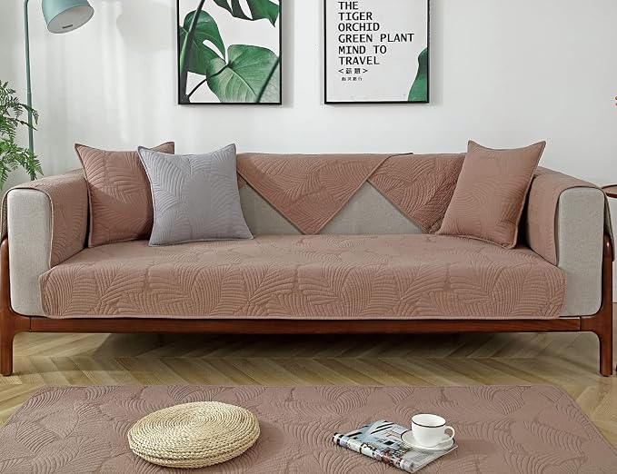 Solid Color Leaf Cotton Quilted Sofa Covers Anti-Slip Soft Sectional Couch Cover Washable Sofa Slipcover for Dogs Cats Pet (Coffee,36''x47'') - Image 2