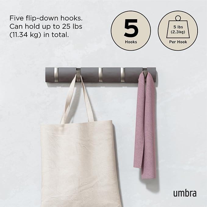 Umbra Flip Coat Rack, Wall Mounted 5-Hook Space Saving, Driftwood/Nickel | Real wood and steel build, retractable hooks fold flat, holds coats bags and scarves, easy install - Image 5
