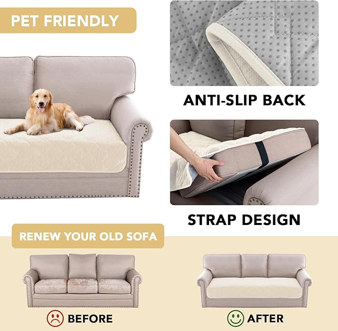 H.VERSAILTEX Couch Cover Chenille Pet Fuzzy Sofa Covers for 3 Cushion Couch Anti Slip Washable Sofa Slipcovers with Strap Soft Couch Protector Cover for Dogs Cats Kids(34.5" x 74", Ivory) - Image 4