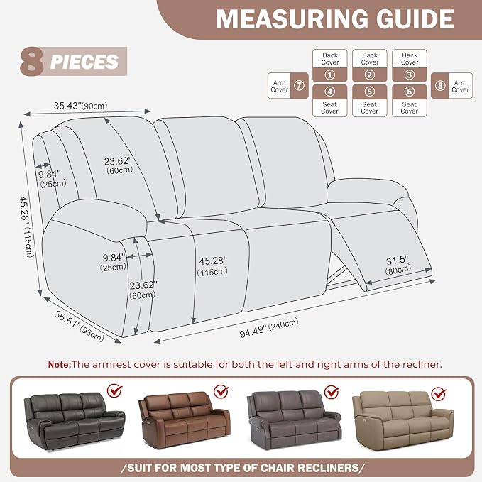 vctops Diamond Recliner Sofa Covers 8-Pieces Stretch Large Couch Covers for 3 Seats Reclining Slipcovers Soft Solid Furniture Protector (Camel,3 Seat) - Image 2