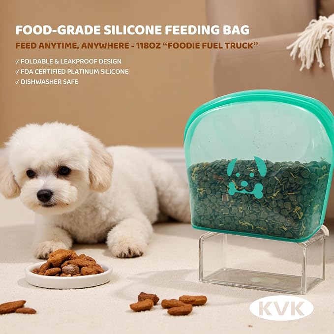 KVK Extra Extra Large Silicone Dog Food Mat 39.4×43.3in and 128oz Silicone Bag Set, Super Size Waterproof Pet Feeding Mat & Container, Non-Slip, Chew-Resistant Floor Protection (Cool Grey&Teal) - Image 4