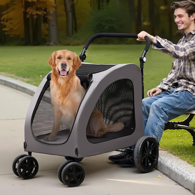 VEVOR Pet Stroller, 4 Wheels Dog Carrier with Brakes, 160lbs Weight Capacity, Portable Puppy Travel Strollers with Breathable Mesh Windows & Height-Adjustable, for Cats & Dogs