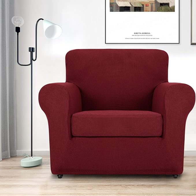MAXIJIN 2 Piece Chair Slipcovers with Arms Super Stretch Chair Covers for Living Room Dogs Pet Proof Fitted Sofa Couch Protector Spandex Non Slip Armchair Slipcover Washable (Chair, Wine Red) - Image 2