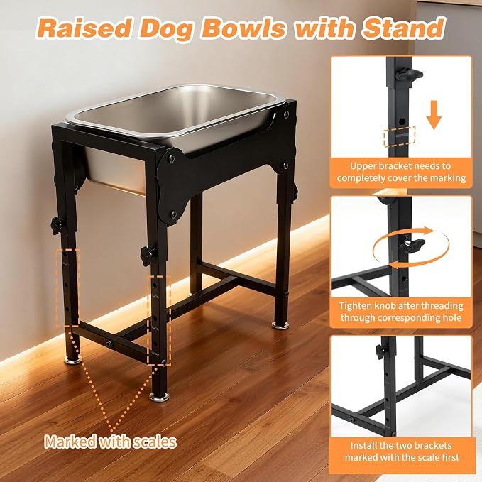 1.25 Gallon Elevated Dog Water Bowl, 4-Height Raised Stand | Stainless Steel Raised Bowl, 4 Heights 9.65-15.16 in, Non-Slip Feet, Small and Medium Dogs, Indoor Outdoor Use, Easy to Clean - Image 6