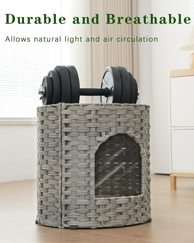 SETVSON Cat House for Indoor Cat, Large Double Cat Houses Cat Bed, Gray | Handwoven PE Rattan Bed Cave with One Soft Pad, Spacious 17 x 17 x 17 In Foldable Kitten Hideaway, Easy to Clean - Image 3