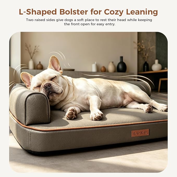 Outdoor Waterproof Dog Bed for Small Dogs, Egg Crate Foam Crate Pad with Raised Bolster, Removable Washable Leather-Look Cover, Non-Slip Bottom, Gray, for Dogs Up to 20 in. Long - Image 4