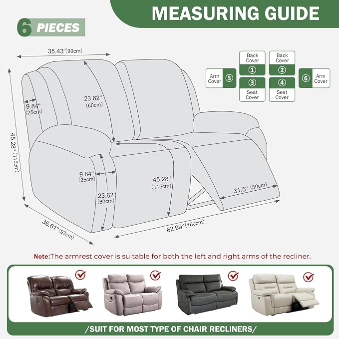 vctops Diamond Recliner Loveseat Slipcover 6-Pieces Stretch Dual Recliner Sofa Covers for 2 Seat Dual Reclining Loveseat Couch Soft Solid Furniture Protector (Mo Green,2 Seat) - Image 2