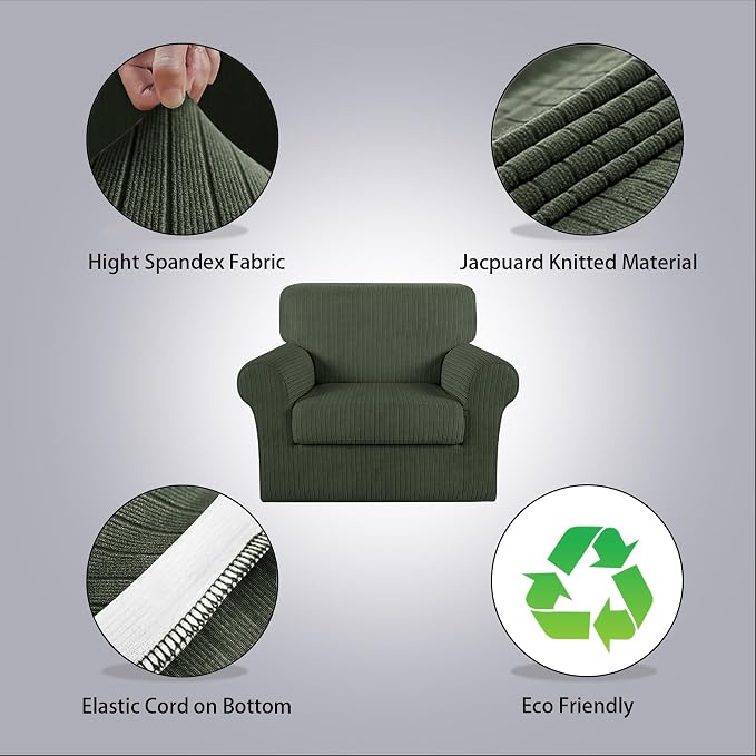 Armchair Cover Stretching Skid Resistance Couch Cover for Pets Washable, Thick and Durable Soft High Spandex Striped Pattern Sofa Covers, Form Fitted Chair Slipcover(Armchair, Green) - Image 2