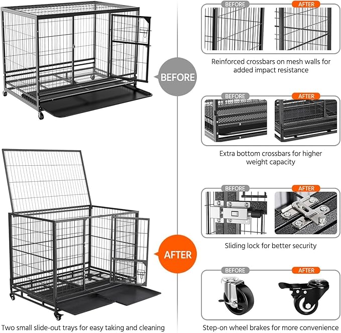 Yaheetech 43in Heavy Duty Escape Proof Dog Crate Cage w/Double Doors, 2 Removable Trays, Lockable Wheels, Indestructible Dog Kennel for Medium/Large Dogs