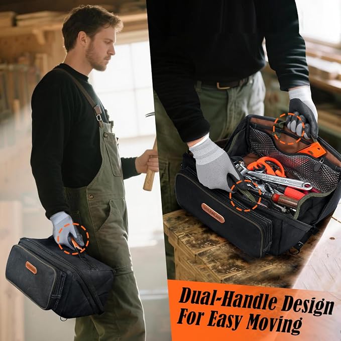 WELKINLAND LayFlat Tool Pouch Organizer, 13-Inch Small Tool Bag, Heavy-Duty Waxed Canvas Tool Pouch, 5-Pocket Small Tool Bags with Zipper, Wide-Open Electrician Tool Bag - Image 6