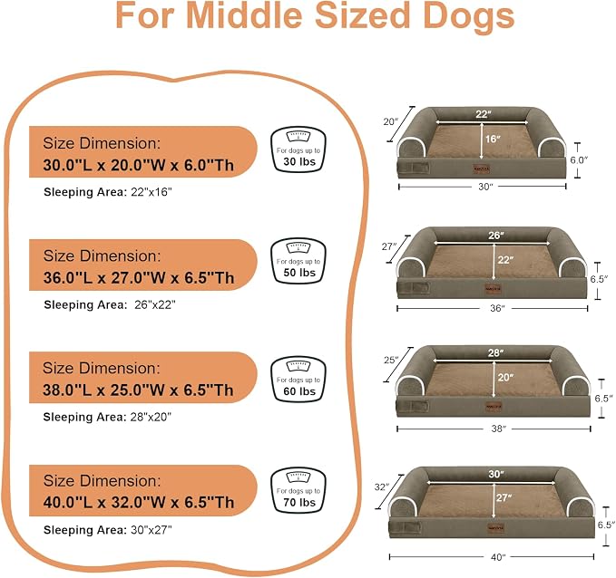 NANUYA Orthopedic Dog Bed for X-Large Dogs, 40 x 32 Inch, Brown | Egg crate foam for joint support, 3-sided bolster pet sofa, waterproof lining, washable cover, and non-skid base - Image 6