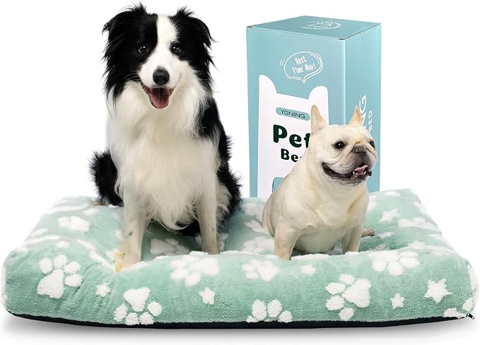 Cute Fluffy Dog Beds for Extra Large Dogs, 41"x 28", Green Paw | Thick Dog Bed for Crate Kennel, Pet Bed with Removable Washable Cover, Anti-Slip Bottom by Yaning