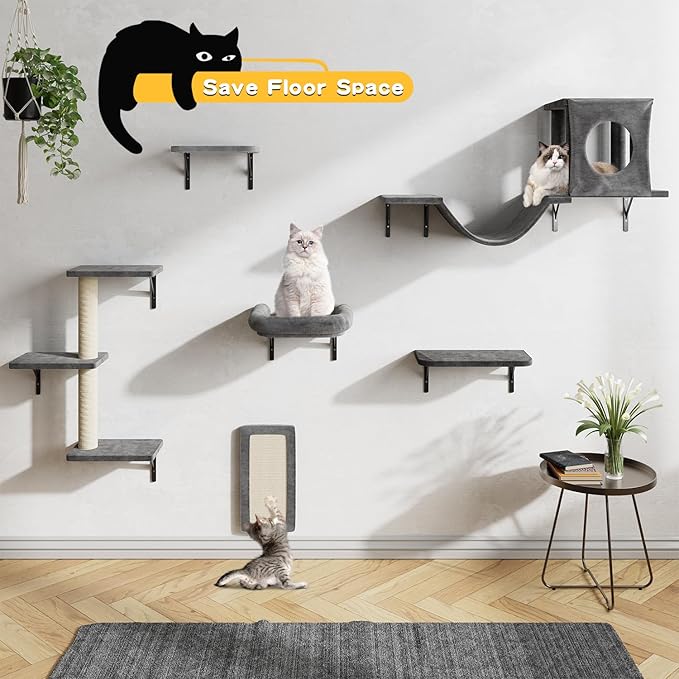 12-in-1 Cat Wall Shelves, Luxury Wall-Mounted Cat Climber Set | with Condos House, Scratching Post, Bridge Ladder, Indoor Space-Saving Furniture for Kittens, Dark Gray - Image 6