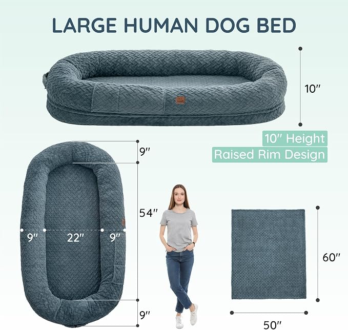 ChiXnuggle Orthopedic Human Dog Bed,with Faux Fur Washable Cover,Blanket | bluish grey,72*40*10,giant dog bed for adult or extra large dogs,egg crate foam,non-slip bottom - Image 3