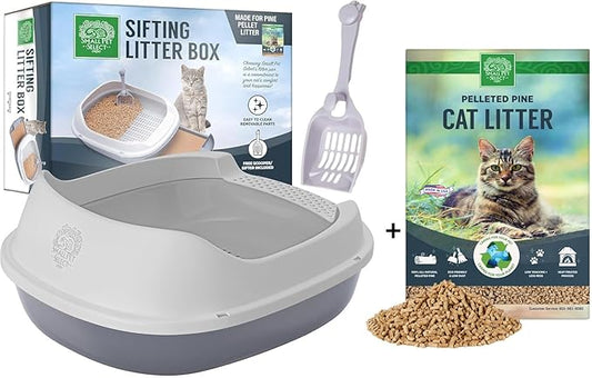 Small Pet Select- Sifting Cat Litter Box and Free 8lb Pine Pellets Combo, with 5 Free Pee Pads and Free Litter Scoop, Premium System for Cats, Tidy and Easy to Clean by SmallPetSelect