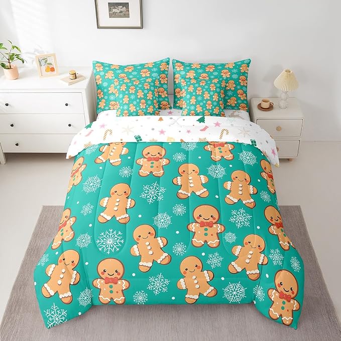 Erosebridal Christmas Gingerbread Twin Bedding Set 7 Piece,Cute Gingerbread Man Bed in A Bag for Kids,Xmas Snowflake Comforter Set Kawaii Xmas Sheet Set with Comforter,Green Christmas Decoration - Image 3