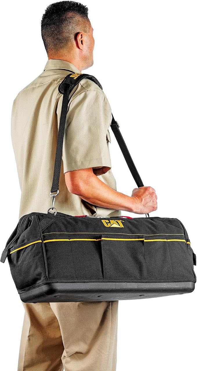 Cat 20-Inch Tech Wide Mouth Tool Bag with 12 Exterior Pockets, Hi-Vis Interior, Molded Base, Shoulder Strap, and Reinforced Handles – Heavy-Duty 1200D Polyester Construction - 240173 - Image 3