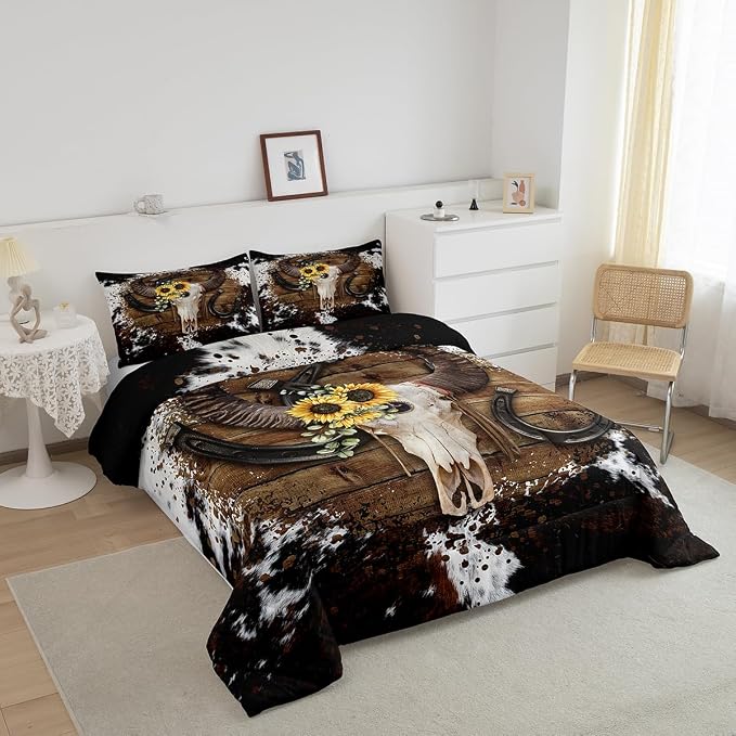 Cow Skull Kids Comforter Set Twin Size,Cow Fur Wooden Plank Farmhouse Bedding for Boys Girls Men Room Decor,Cowboy Horseshoe Sunflower Down Comforter,White Brown Rustic Duvet Insert,1 Pillowcase - Image 2