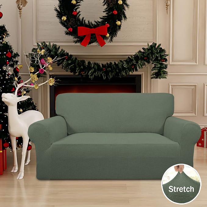 Easy-Going Stretch Loveseat Couch Covers Washable Greyish Green | 1-Piece Loveseat Covers for 2 Cushion Couch Furniture Protector RV Sofa Slipcover Soft with Bottom for Kids Pets - Image 2