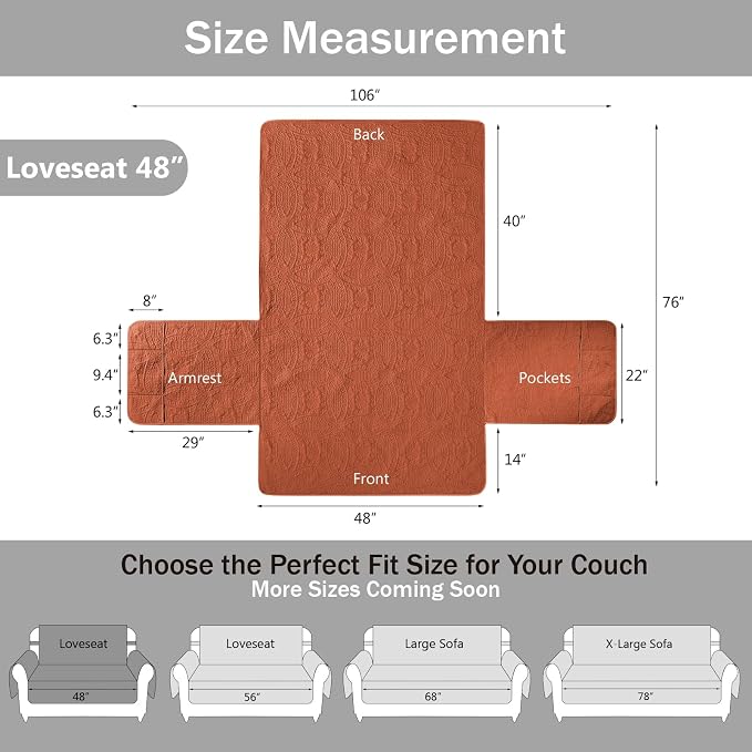 Orange Loveseat Covers for 2 Cushion Couch, Water-Repellent Covers for Love Seat, Washable Quilted Couch Covers, Pet Friendly Sofa Slipcovers (Loveseat 48", Burnt Orange) - Image 6