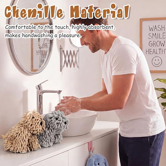Tegeme 2 Pcs Chenille Dog Hand Towel Fuzzy Towel Absorbent Microfiber Soft for Bathroom Kitchen Washstand (Khaki Grey,Siting and Standing Dog) - Image 5