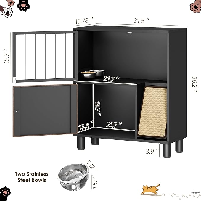 Dog Proof Cat Feeding Station, Metal Cat Feeding Cabinet, Black | Elevated Cat Feeding Station, Pet Food Station with Storage, Cat Bowl Stand, Scratching Board, Stainless Steel Bowls - Image 2