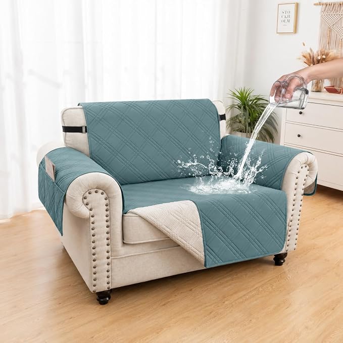 100% Waterproof Couch Cover for Dogs, Anti-Slip Washable Sofa Cover with Elastic Straps & Side Pockets, Durable Furniture Protector for Kids, Pets & Dogs (Armchair 23", Grayishblue) by Unknown