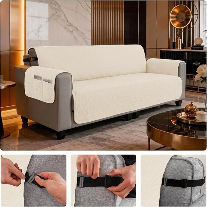 100% Waterproof Couch Cover, Straps&Pockets,pet Friendly,78" Beige | Washable sofa cover, pet-friendly, scratch-resistant furniture protector, quilted sofa cover, reversible, non-slip backing. - Image 6