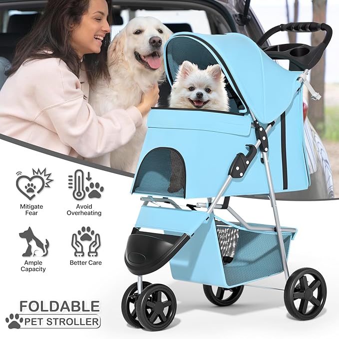 MoNiBloom 3 Wheels Pet Dog Cat Stroller for Small Medium Dogs Cats, Lightweight Foldable Jogger Stroller w/Storage Basket and Cup Holder, Mint Green