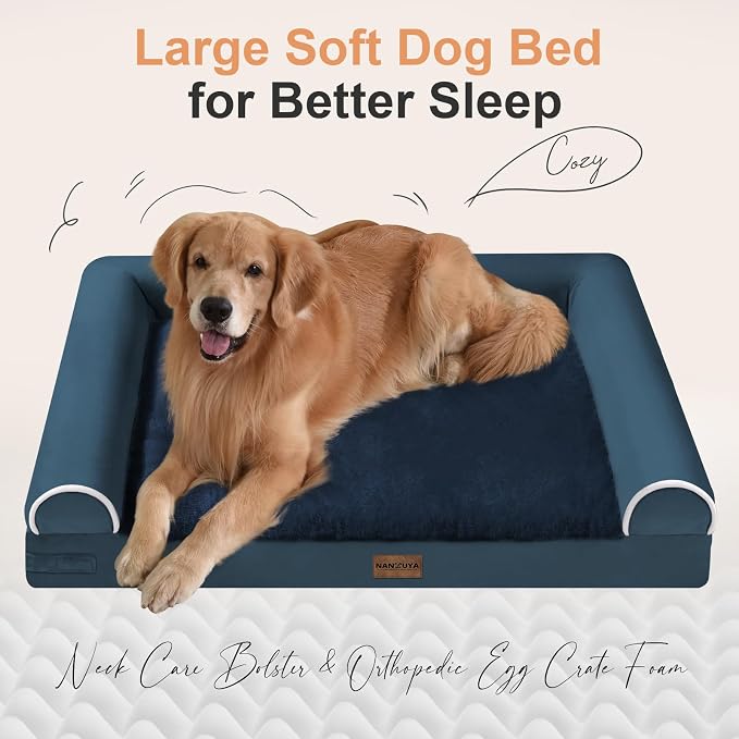 NANUYA Orthopedic Dog Bed for Small Dogs, 24 x 16 Inch, Navy Blue | Egg crate foam for joint support, 3-sided bolster pet sofa, waterproof lining, washable cover, and non-skid base - Image 2