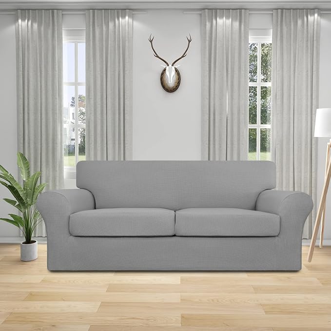 Easy-Going 3 Pieces Stretch Oversized Loveseat Couch Cover for 2 Cushion Couch Sofa Cover for Dogs Washable Sofa Slipcover Elastic Furniture Protector for Pets (Light Gray, Oversized Loveseat) - Image 2