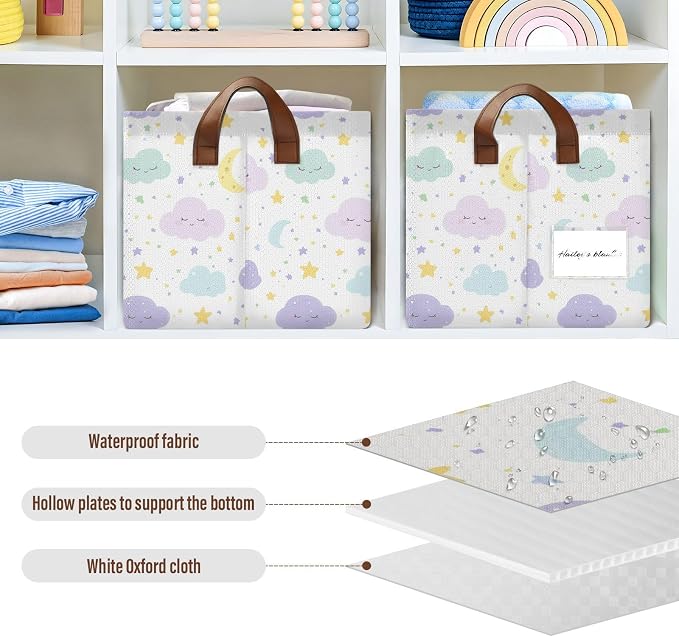 Cute Clouds Moon and Stars Purple Baby Storage Basket with Labels&Handles Rectangular Waterproof Nursery Storage Bins Collapsible Shelf Organizer Baskets for Kids Books Cloth Gift Toys Laundry - Image 5