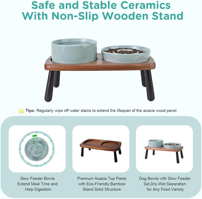 SPUNKYJUNKY Ceramic Elevated Dog Bowls with Slow Feeder Raised with Acacia Bamboo Wooden Stand, 6.1'' Dog and Cat Food Water Bowls Set Non-Slip for Small Medium Sized Breed - Light Green - Image 5