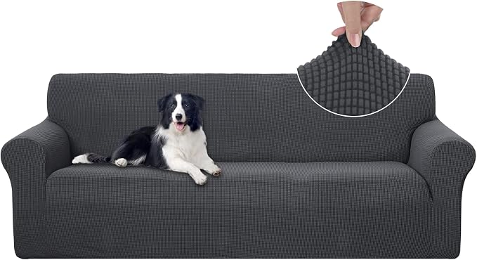 U-NICE HOME 4 Seater Stretch Couch Cover for 3 Cushion Sofa, Dark Grey | 1-Piece Sofa cover, Washable, Pet friendly, Furniture protector, Polyester Spandex Jacquard fabric by U-NICEHOME