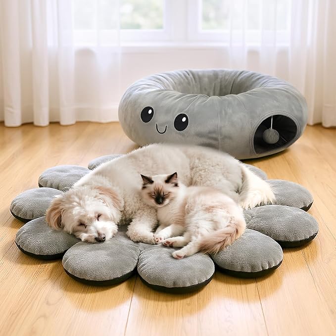 Cat Tunnel Bed for Indoor Cats, Peekaboo Cat Cave Bed with 20 Pcs Cat Toys, Soft Cat Donut Tunnel for Kitten Large Cats, Grey Octopus - Image 9
