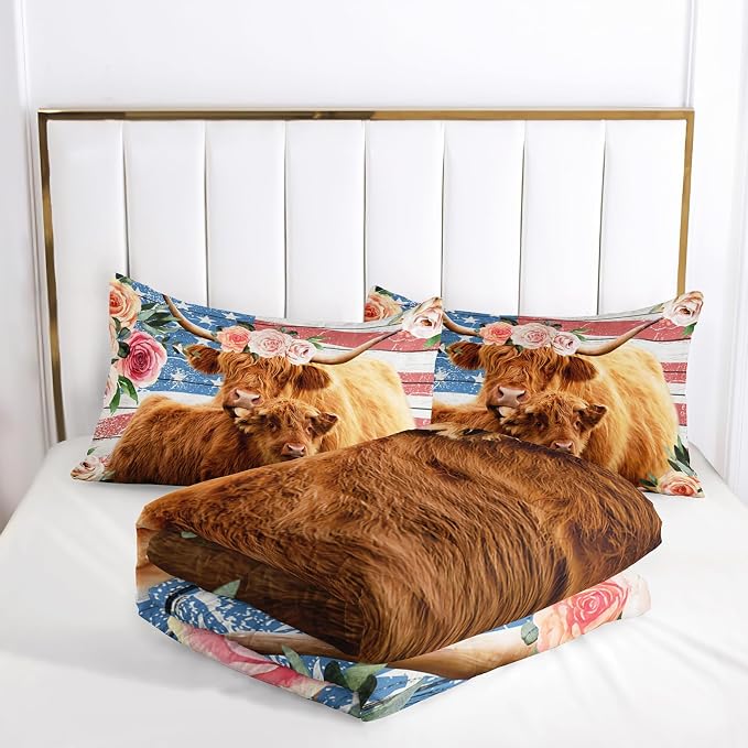Nttopship Highland Cow Flower Comforter Sets Twin Size for Kids,American Flag Western Animal Bedding Sets All Season 1 Comforter and 2 Pillowcases - Image 4