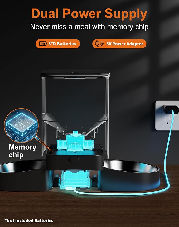 HoneyGuaridan Automatic Cat Feeder for 2 Cats, 2.4/5G WiFi Smart Feed Pet Feeder with Stainless Steel Bowl,APP Control Dispenser, Dual Power Supply,Desiccant Bag,10s Meal Call Black - Image 6
