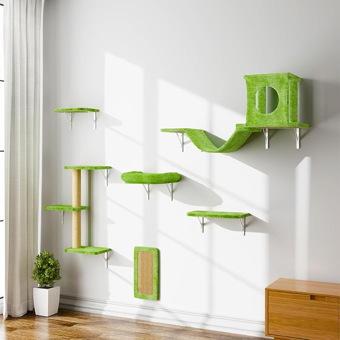 NUNU LAB Wall Mounted Cat Furniture Set - 6 Pcs Climber Set with House, Bridge, Steps, Scratcher Board - DIY Walls Playground, Indoor Cat Shelves - Green - Image 7