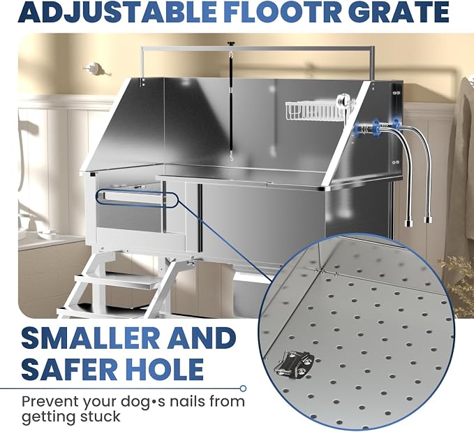 46" Dog Washing Station, Professional Stainless Steel Dog Bathtub w/Ramp & Storage Drawer, Adjustable Grate, Non-Slip Design, Perfect for Home Grooming & Large Dogs (46" Left Stair) - Image 4