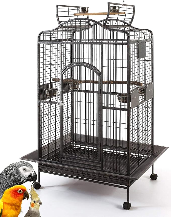 Extra Large Wrought Iron Open/Close Dome Perch Stand Play Top Bird Parrot Rolling Cage Solid Metal Plated Feeder Door Prevent Food Spillage Side Breeding Doors Around Metal Seed Guard by Mcage