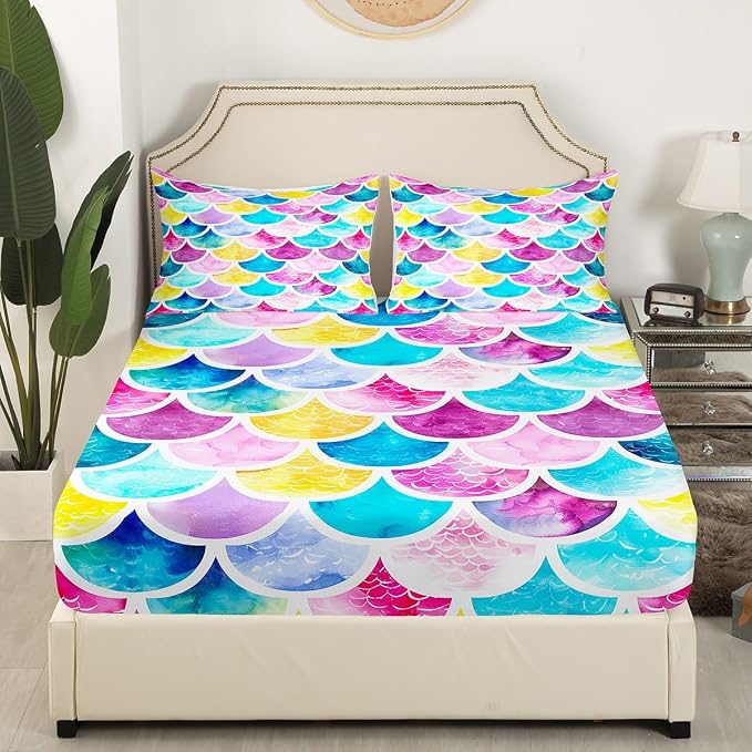 Mermaid Fish Scales Bedding Set for Kids Girls - Twin Size, Purple Blue Red Fish Skin Sheet Set with Scale Pattern, Soft Decorative Flat Sheet and Pillowcase - Image 3