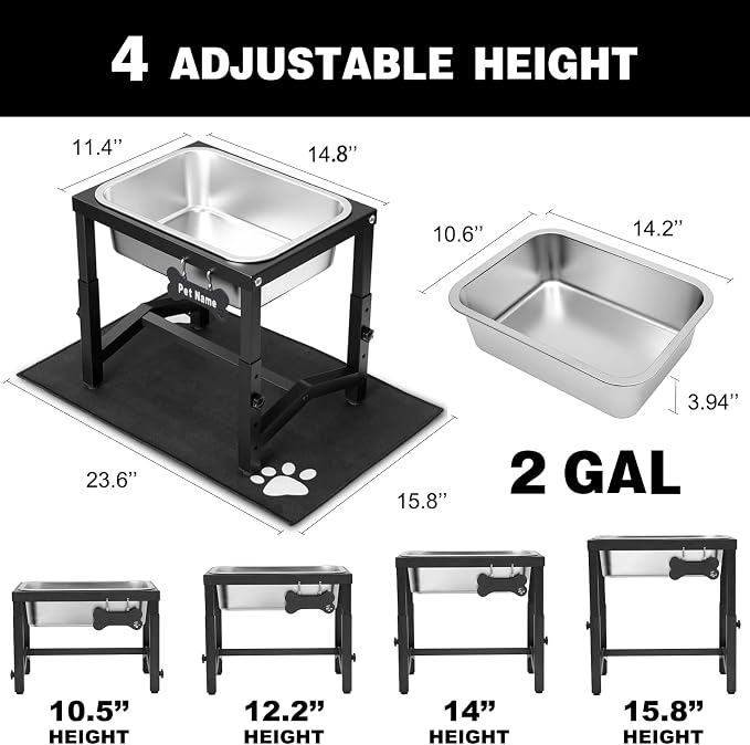 2 Gallon Elevated Large Dog Water Bowl, 4 Adjustable Height 10.5-15.8'' Raised Stainless Steel Bowl Stand with Anti-Slip Mat for Large Breed, Metal Dog Feeding Station for Relief Joint Pressure - Image 3
