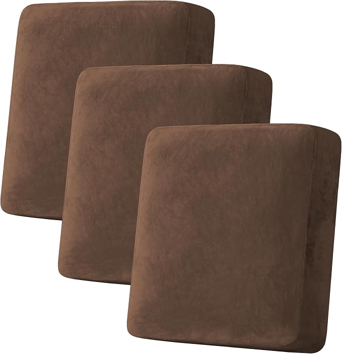 H.VERSAILTEX Velvet Stretch Couch Cushion Cover Plush Cushion Slipcover for Sofa Cushion Furniture Protector Seat Cushion Sofa Cover (3 Piece Sofa Cushion Covers, Caramel Cafe) by HVERSAILTEX
