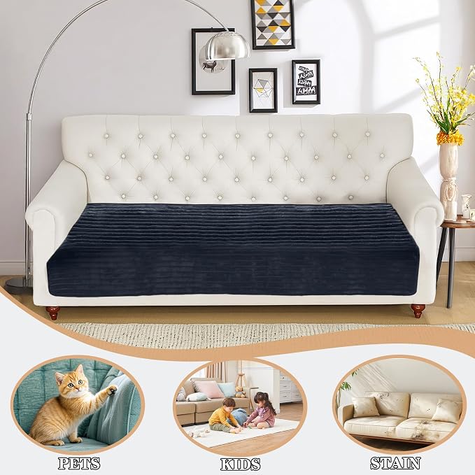 NAISI Couch Covers for Dogs Waterproof Flannel Striped Sofa Cover Pet Friendly Washable Dog Mat for Couch Anti Slip Sectional Sofa Slipcover Protector(1pc/35"x 94",Dark Navy) - Image 2