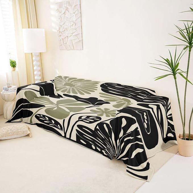 Erosebridal Black Sage Green Flower Couch Cover Abstract Floral Sofa Cover 91" X 150" Vintage Aesthetic Minimalist Sofa Protector For Pet Cats Kids Groovy 70S Modern Washable Couch Protector, Non Slip - Image 2