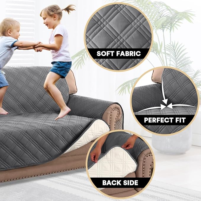 PrinceDeco 100% Waterproof Chair Sofa Slipcover for Living Room Water Resistant Couch Cover Furniture Protector Cover with Elastic Straps for Pets Kids Children Dog Cat(Chair 23", Grey) - Image 3
