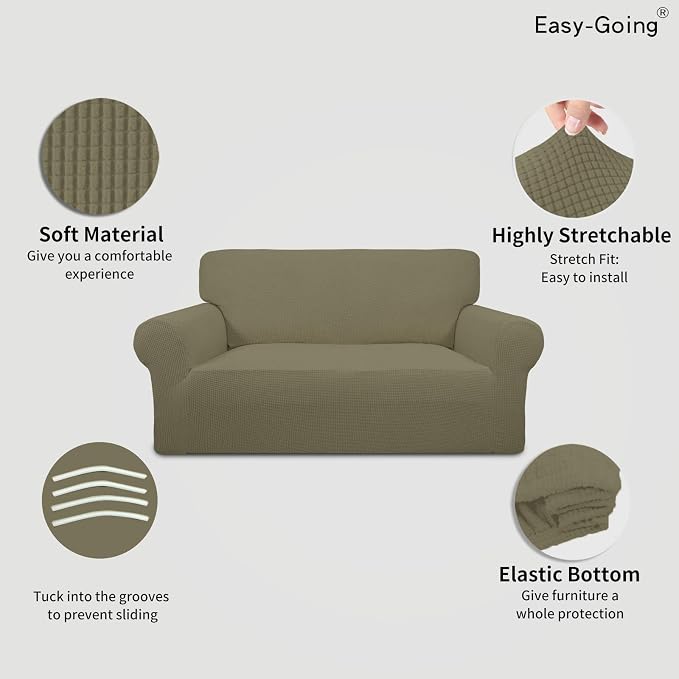 Easy-Going Stretch Loveseat Couch Covers Washable Khaki | 1-Piece Loveseat Covers for 2 Cushion Couch Furniture Protector RV Sofa Slipcover Soft with Bottom for Kids Pets - Image 3
