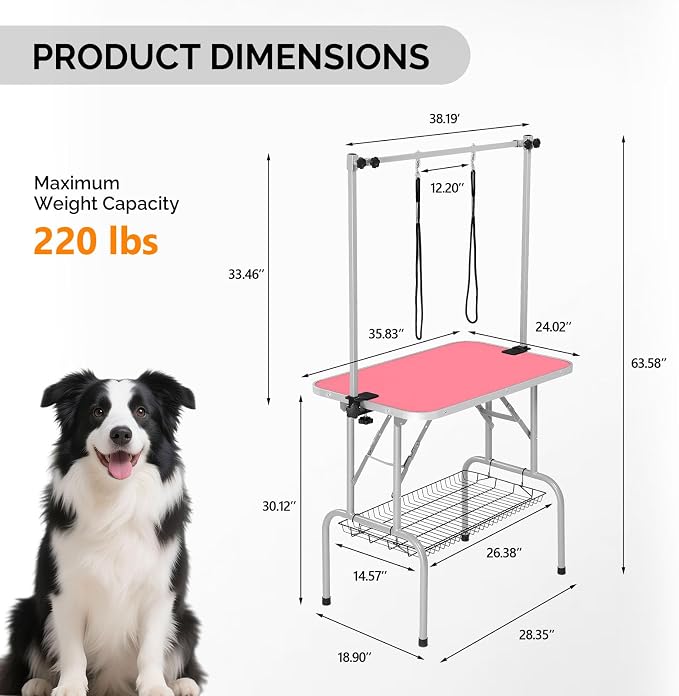 VINGLI Dog Grooming Table, Adjustable Cat Grooming Desktop with Arms and Storage Basket, Pet Grooming Stand at Home (Pink, 36 inch) - Image 5
